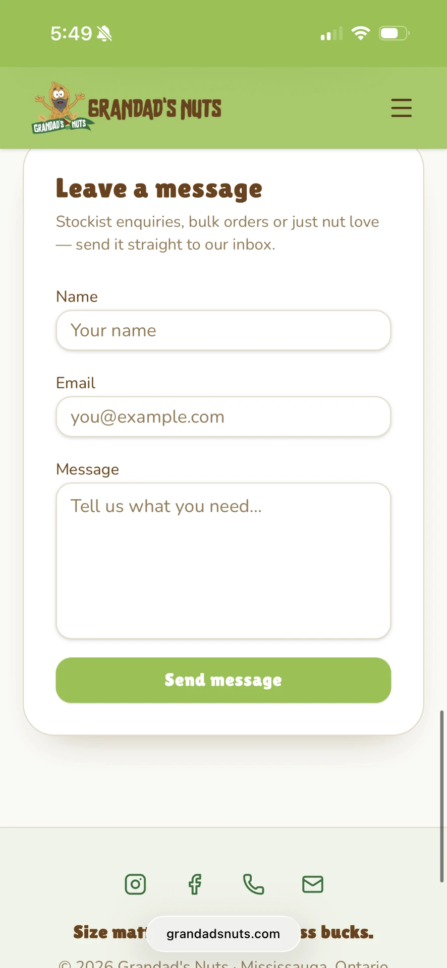 Grandad's Nuts website on mobile — Contact & footer