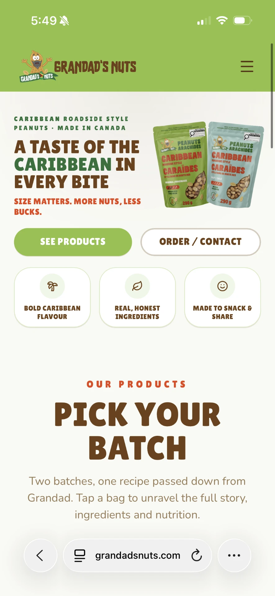 Grandad's Nuts website on mobile — Mobile hero