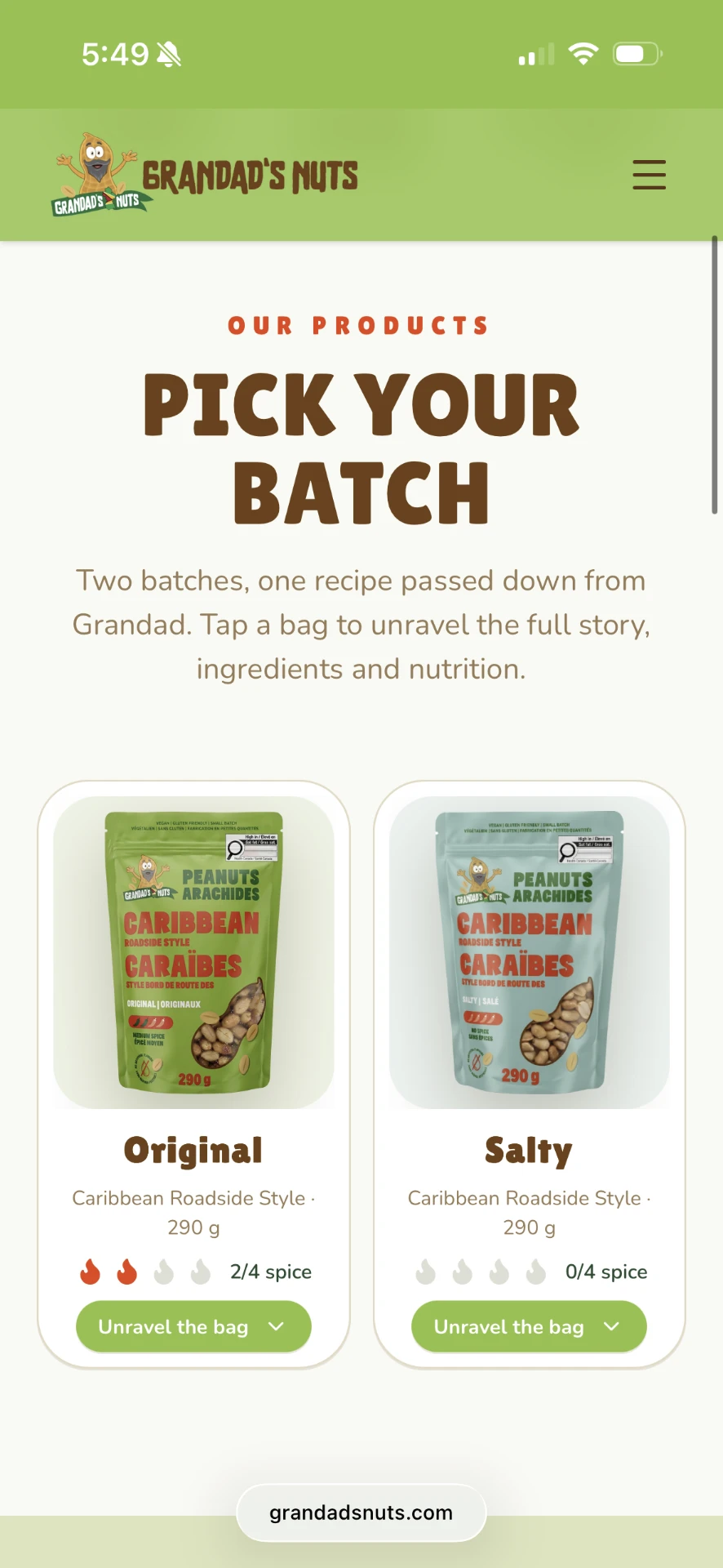 Grandad's Nuts website on mobile — Pick your batch