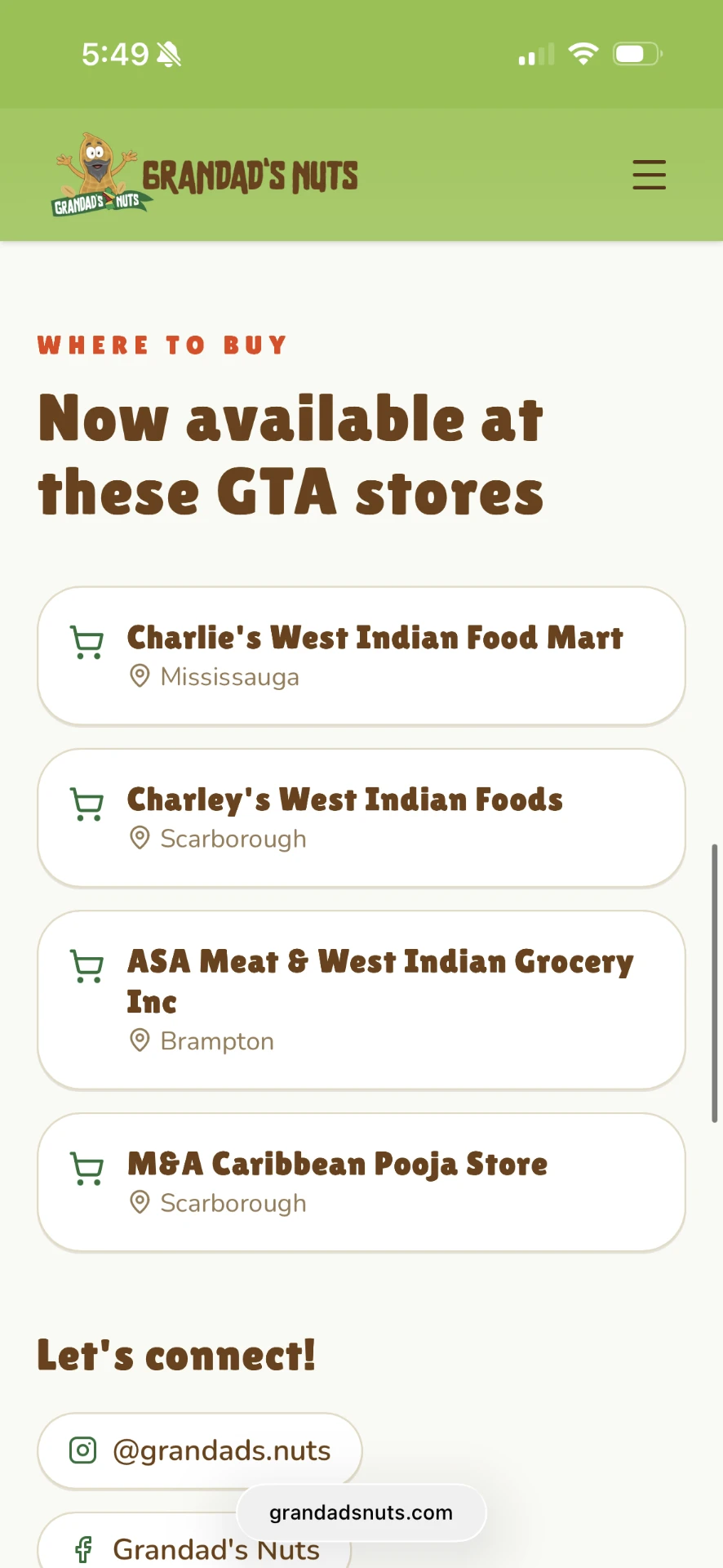 Grandad's Nuts website on mobile — Where to buy