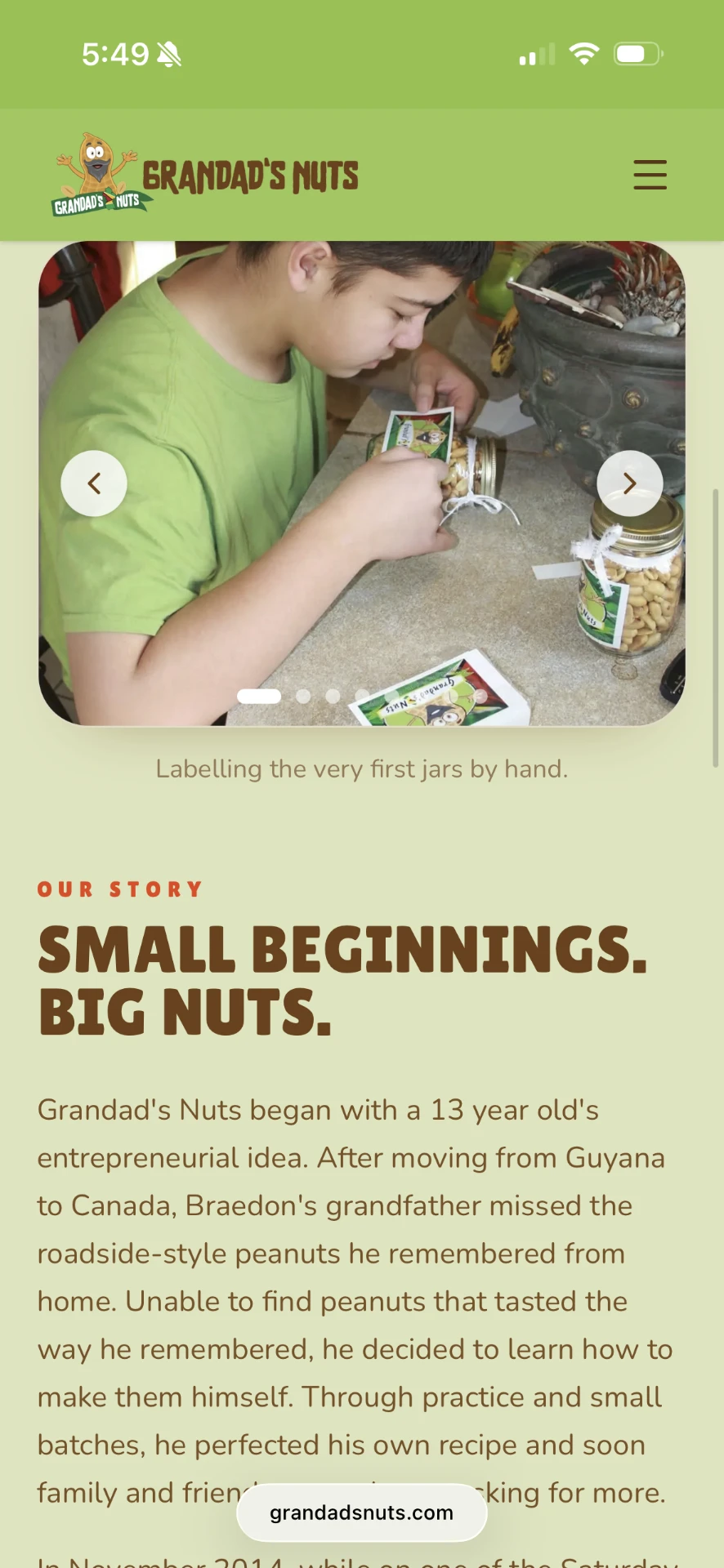 Grandad's Nuts website on mobile — Our story