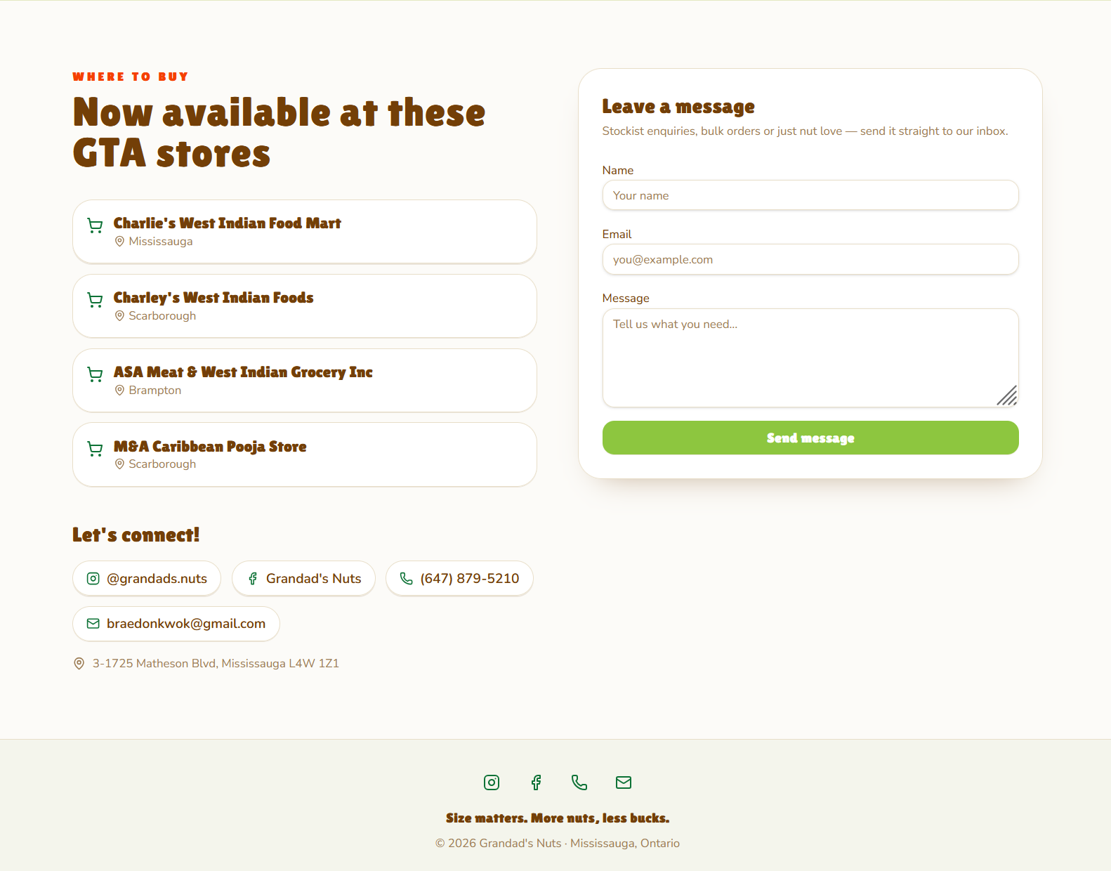 Final Grandad's Nuts website — stockists and contact