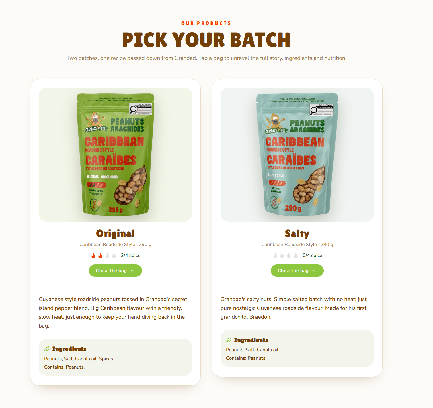 Final Grandad's Nuts website — product selection