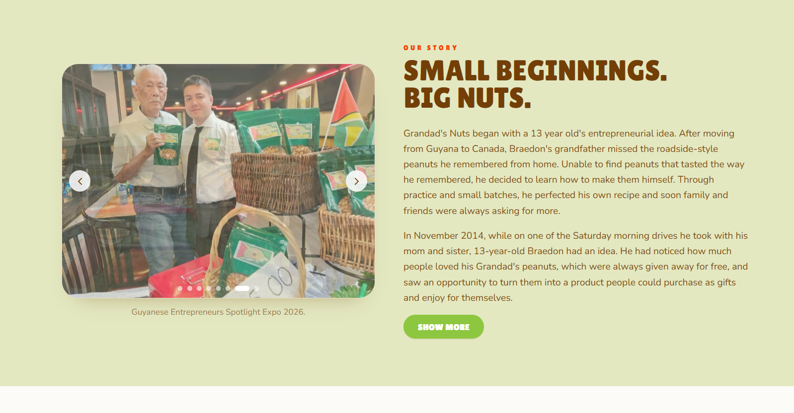 Final Grandad's Nuts website — our story section